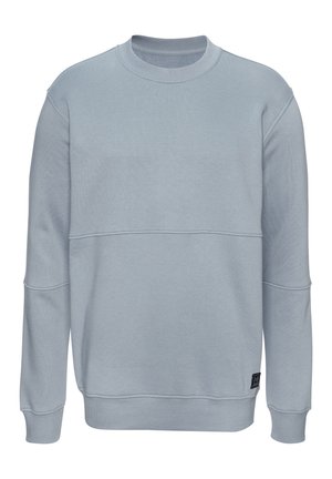 Hellblaues Sweatshirt mit Rundhalsausschnitt und langen Ärmeln, dezenten Nahtdetails über Brust und Armen sowie einem kleinen schwarzen Etikett nahe dem Saum.