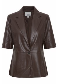 Blazer en cuir marron à manches courtes, col à revers, fermeture à un bouton et texture lisse. Design simple avec des lignes épurées.