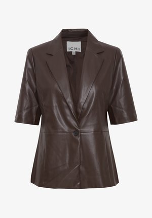 Blazer en cuir marron à manches courtes, col à revers, fermeture à un bouton et texture lisse. Design simple avec des lignes épurées.