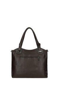 Borsa a mano in pelle marrone con finitura testurizzata, due manici superiori e una tasca frontale con zip. Presenta accessori in tonalità argento e forma arrotondata.