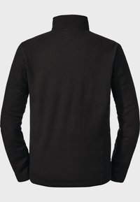 Chaqueta de forro polar negra con cuello alto, con una textura suave y mangas largas. Sin herrajes ni patrones visibles.