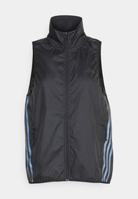 Gilet nero senza maniche realizzato in materiale leggero, con colletto alto, cerniera frontale e strisce blu lungo i lati.