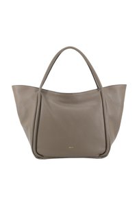 Borsa tote in pelle grigia con una texture morbida, caratterizzata da due manici arrotondati e un design minimalista. Accento del logo dorato sul davanti.