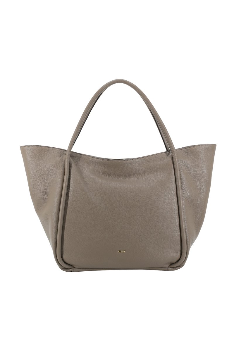 Borsa tote in pelle grigia con una texture morbida, caratterizzata da due manici arrotondati e un design minimalista. Accento del logo dorato sul davanti.