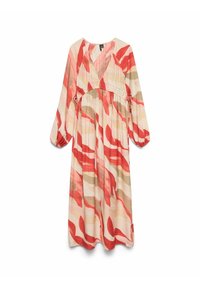 Robe maxi à manches longues avec décolleté en V, liens élastiques à la taille, présentant un motif abstrait de feuilles rouges et beiges sur un tissu léger.