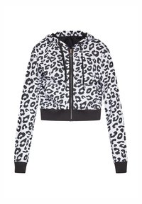 Korte hoodie met een zwart-wit luipaardprintontwerp, ritsluiting, verstelbare trekkoorden en zwarte geribde manchetten en onderrand.