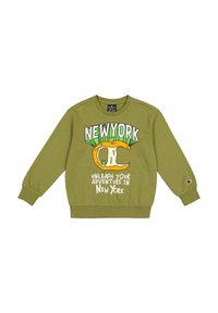 Oliwkowa bluza wykonana z mieszanki bawełny, z graficznym nadrukiem "NEW YORK" oraz kreskówkowym bananem z przodu. Żebrowane mankiety i dół.
