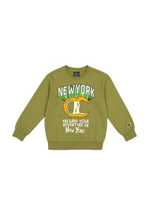 Felpa verde oliva realizzata in misto cotone, con una stampa grafica che presenta la scritta "NEW YORK" e una banana in stile cartone animato sul davanti. Polsini e orlo a costine.