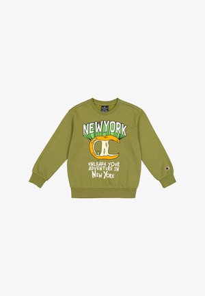 Olijfgroene sweater van een katoenmix, met een grafische print met "NEW YORK" en een cartooneske banaan aan de voorkant. Geribbelde manchetten en zoom.
