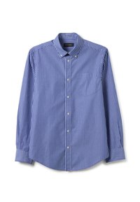 Chemise à rayures bleues et blanches à manches longues avec col boutonné, poche avant et manches retroussées. Fabriquée dans un tissu à la texture lisse.