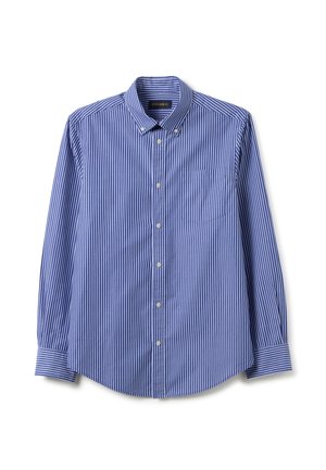 Camicia a maniche lunghe a righe blu e bianche con colletto button-down, taschino frontale e maniche con polsini. Realizzata in tessuto dalla texture liscia.