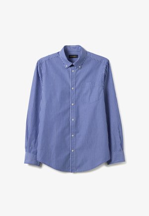 Blauw-wit gestreepte lange mouw shirt met een button-down kraag, een voorke pocket en manchet mouwen. Gemaakt van een stof met een gladde textuur.