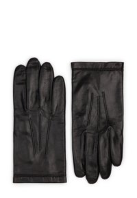 Gants en cuir noir avec trois coutures sur le dos, design de doigts profilé et texture lisse. Les poignets sont droits sans embellissements.