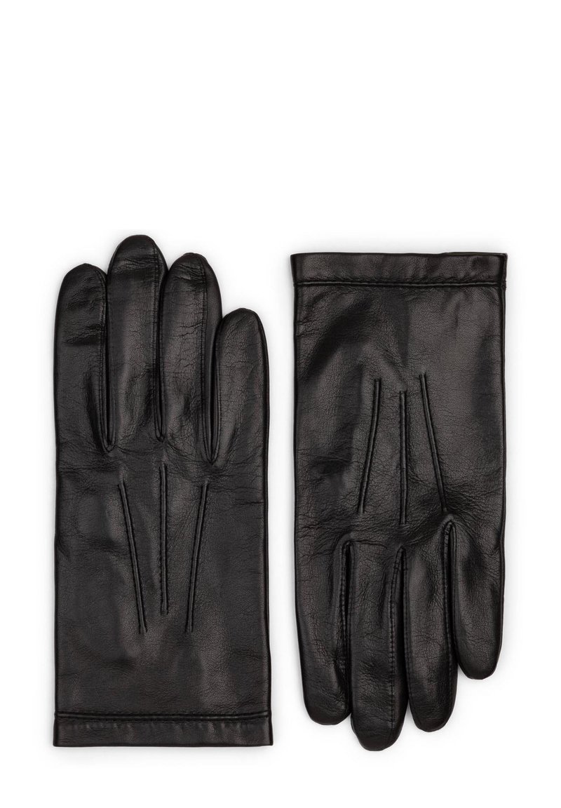 Gants en cuir noir avec trois coutures sur le dos, design de doigts profilé et texture lisse. Les poignets sont droits sans embellissements.