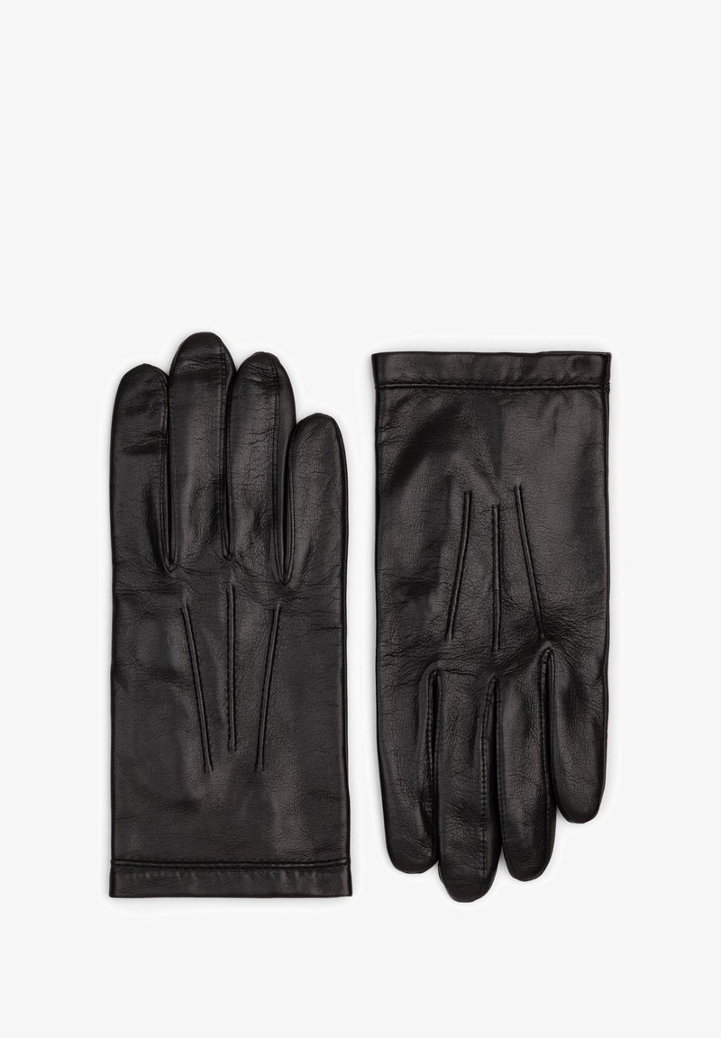 Gants en cuir noir avec trois coutures sur le dos, design de doigts profilé et texture lisse. Les poignets sont droits sans embellissements.