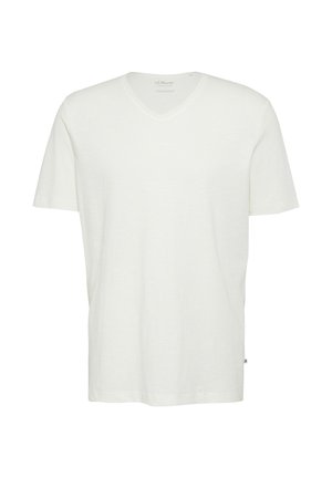 Prosty biały T-shirt z krótkim rękawem i dekoltem w serek z małą metką marki na lewym bocznym szwie.