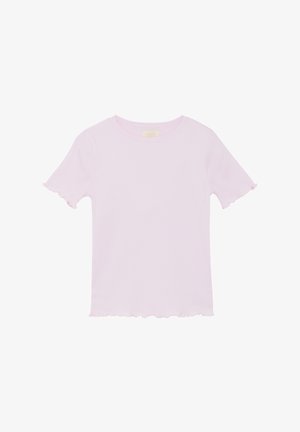 Hellrosa geripptes T-Shirt mit kurzen, gerafften Ärmeln und Rundhalsausschnitt. Mit einer strukturierten Stoffqualität und einem wellenförmigen Saum.