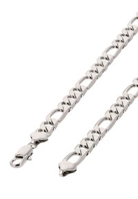 Rustfrit stål kæde med sammenkoblede led, blank sølv finish, har en hummerklips, glat tekstur og hjerteformede akcenter.