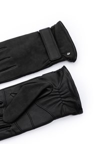 Gants en cuir noir à finition lisse, dotés d'une lanière et d'un détail froncé au niveau du poignet pour un ajustement parfait.