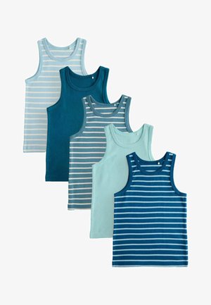 Päť tielok bez rukávov v rôznych odtieňoch modrej, tri s horizontálnymi pruhmi a dve jednofarebné, usporiadané prekrývajúce sa.