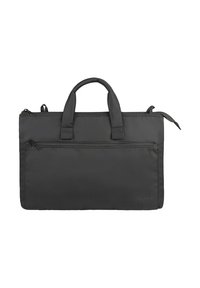 Zwarte nylon laptop tas met dubbele handgrepen aan de bovenkant, voorzak met rits en subtiele textuur. Bevat een veilige ritsluiting en minimale branding.