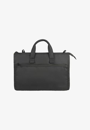 Borsa per laptop in nylon nero con doppie maniglie superiori, tasca frontale con zip e texture sottile. Caratterizzata da una chiusura zip sicura e un branding minimo.