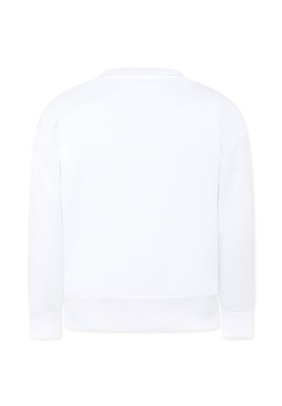 Sweatshirt blanc, manches longues, poignets et ourlet côtelés, texture lisse, design col rond, style minimaliste, vue arrière.