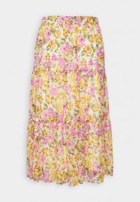 Jupe midi à volants avec taille élastique, présentant un motif floral jaune, rose et vert sur fond blanc.
