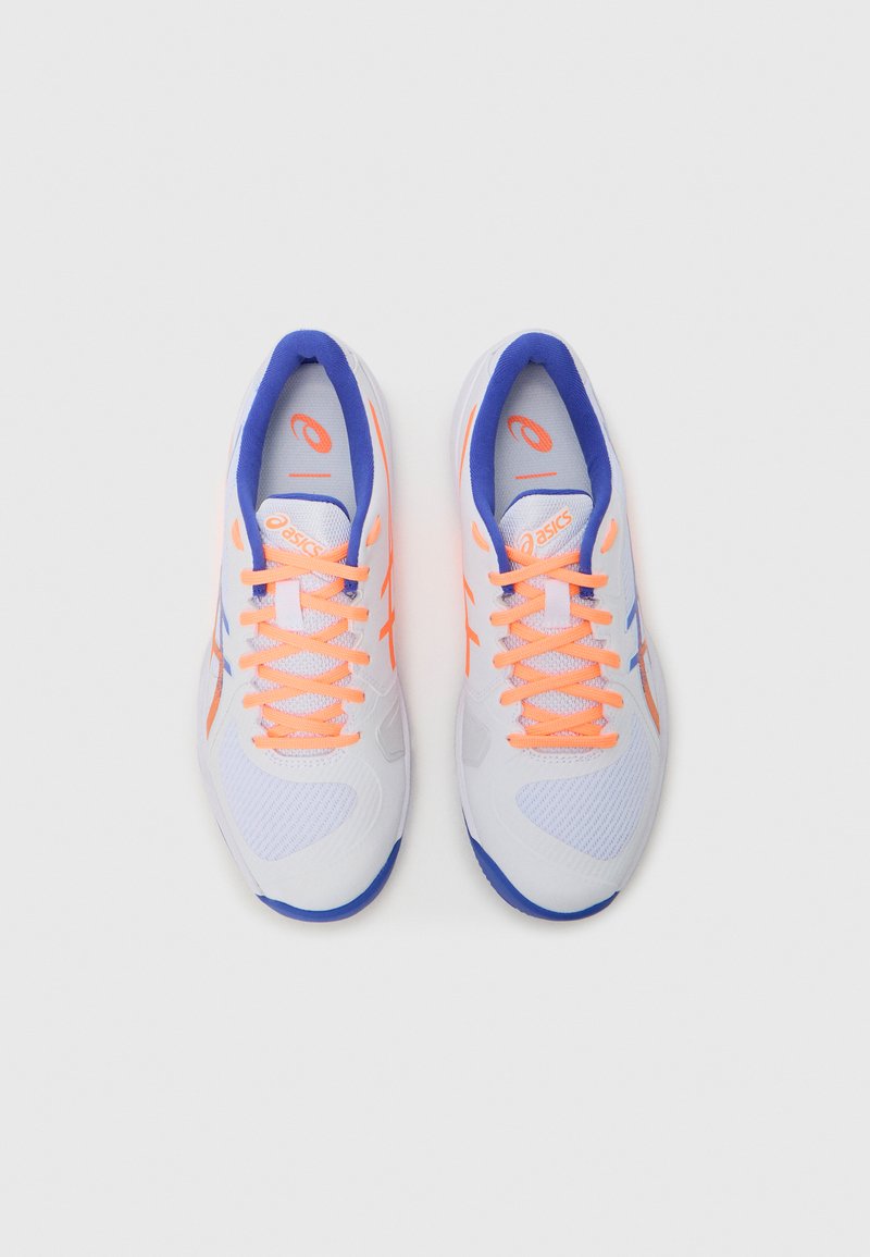 White athletic shoes with orange laces, purple accents, and a textured mesh surface. Features a rounded toe and cushioned sole.
