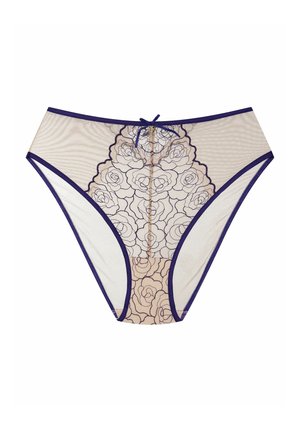 Lace bikini-style underwear in beige with a purple trim. Features floral pattern, small bow detail at the front, and sheer fabric texture.