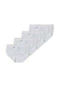Slip di cotone bianchi in confezione da cinque. Ogni slip presenta una texture liscia, una fascia elastica in vita e un piccolo logo blu sul davanti.