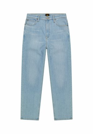 Lichtblauwe, hoge taille, rechte jeans met voorzakken, riemlussen, metalen knoop en ritssluiting, met een Lee-logo op de tailleband.
