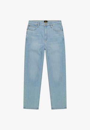 Lichtblauwe, hoge taille, rechte jeans met voorzakken, riemlussen, metalen knoop en ritssluiting, met een Lee-logo op de tailleband.