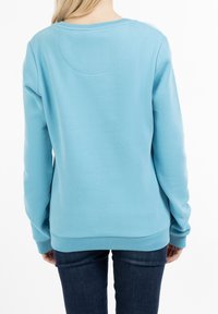 Ljusblå sweatshirt med långa ärmar, rund halsringning och ribbad mudd; mjuk textur och enkel design. Bakvy visar sömdetaljer.