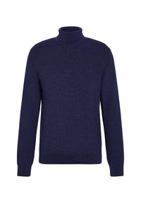 Granatowy sweter z golfem o prążkowanej fakturze, z długimi rękawami i dopasowanym krojem, wykonany z miękkiego materiału dzianinowego.