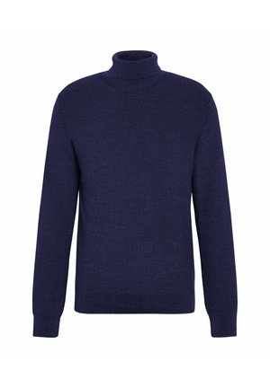 Donkerblauwe coltrui met geribbelde textuur, lange mouwen en een aansluitende pasvorm, gemaakt van zacht gebreid materiaal.