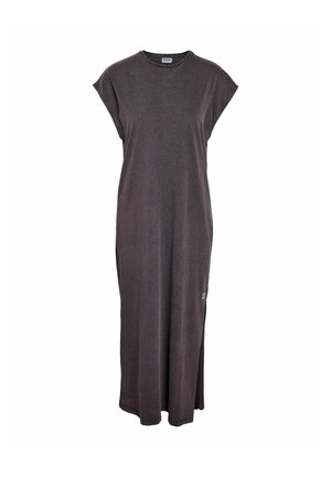 Robe longue décontractée sans manches gris foncé, avec un col rond et des fentes latérales, en tissu doux, présentée sur fond blanc.