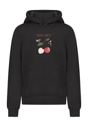 Czarna bluza z kapturem z kieszenią z przodu, z grafiką "Cherry Sweet" przedstawiającą dwie wiśnie, liście i kwiaty. Wykonana z miękkiego materiału.