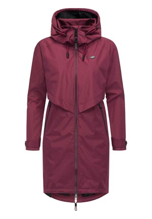 Waterafstotende bordeauxrode jas met capuchon, voorrits, verstelbare trekkoord en elastische manchetten. Heeft een strak, minimalistisch ontwerp.