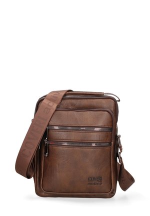 Sac bandoulière marron en similicuir avec bandoulière en tissu réglable, deux poches avant zippées et logo embossé "Coveri active".
