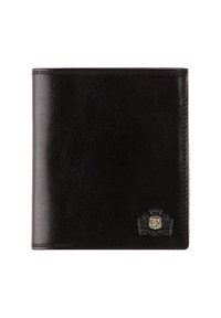 Portafoglio in pelle nera con texture liscia, forma rettangolare, cuciture visibili e un emblema dorato nell'angolo inferiore.