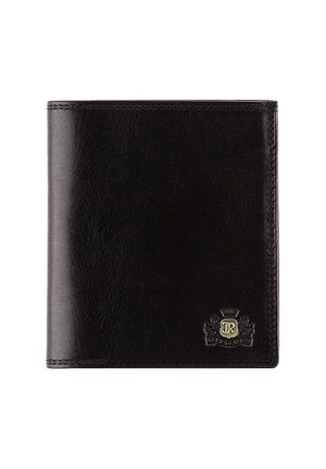 Zwarte lederen portemonnee met een gladde textuur, rechthoekige vorm, zichtbare stiksels en een gouden embleem in de onderste hoek.
