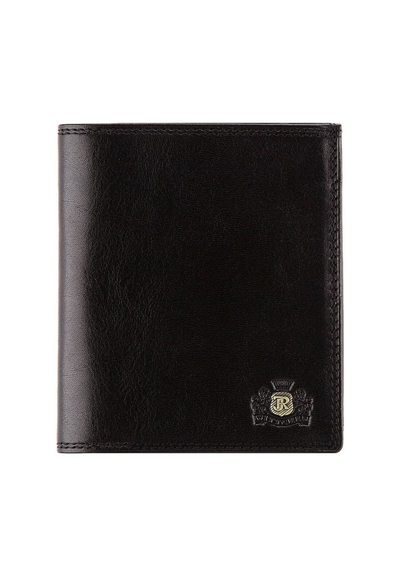 Portafoglio in pelle nera con texture liscia, forma rettangolare, cuciture visibili e un emblema dorato nell'angolo inferiore.