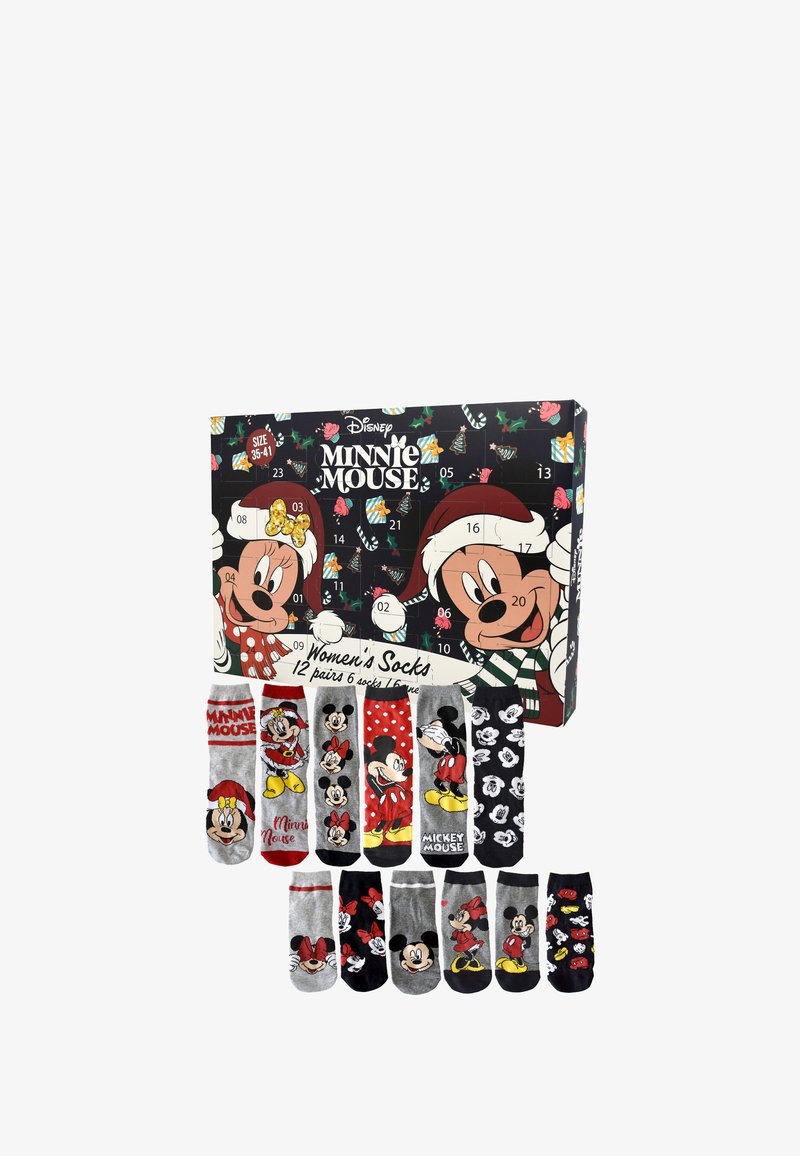 Set regalo di calze a tema Minnie Mouse con 12 paia. Include vari colori, tra cui rosso, nero e grigio, con disegni di personaggi dei cartoni animati.
