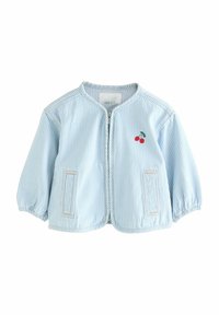 Hellblau gestreifte Jacke mit rundem Kragen, Reißverschluss, seitlichen Taschen und gesticktem Kirschdesign auf der linken Seite.