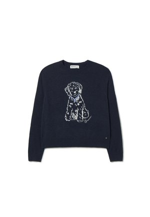 Suéter azul marino con un diseño de perro, que presenta una tela de punto texturizada, cuello redondo y un dobladillo corto. Ilustración de perro en hilo de color claro.