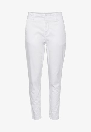 Pantalon en coton blanc avec une coupe slim, doté d'une fermeture à glissière et d'un bouton, de poches avant en biais et de poignets retroussés.
