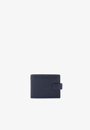 Portefeuille bifold en cuir bleu marine avec bords cousus et fermeture par bouton-pression sur fond blanc.