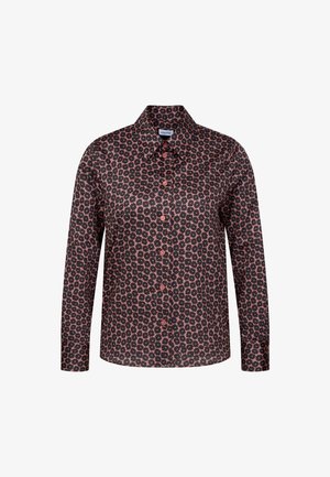 Langarmshirt in Schwarz mit pinkem Blumenmuster, mit Kragen und Frontknöpfen, gefertigt aus glattem Stoff mit glänzendem Finish.