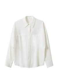 Camisa blanca de botones con un cuello estructurado, dos bolsillos en el pecho, mangas largas, tejido texturizado y un corte relajado.